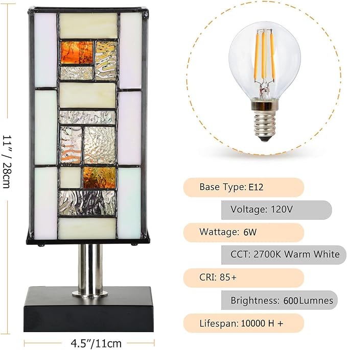 TL0013 Small Retangular Tiffany Lamp Stained Glass Uplight Table Lamp, Mission Style Geometric Desk Nightstand Lamp for Bedroom Living Room Office Dorm, 4.5" W x 11" H, LED Bulb Included - Bloomnest