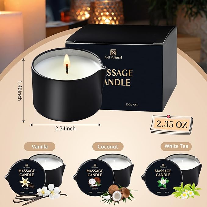 3 Pack Massage Oil Candles 2.35oz Low Temp Massage Candles 3 Scent Vanilla, White Tea, Coconut Spa Therapy Body Oil Home Gift for Relaxation, Couples, or Self-Care (Vanilla, White Tea, Coconut) - Bloomnest