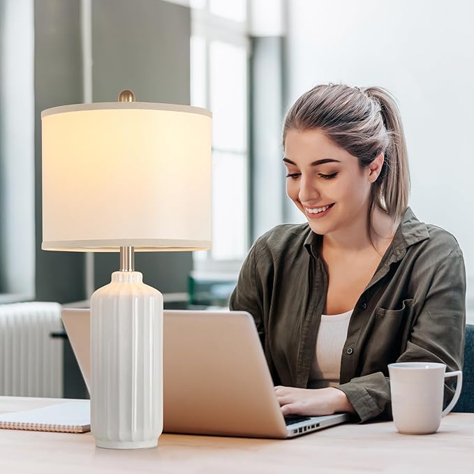 Lamp for Living Room Bedroom Lamps Farmhouse Table Lamps Set of 2 Vertical Stripe Ceramic Table Lamp,Linen Shade with Bulb, 25 in High, White - Bloomnest