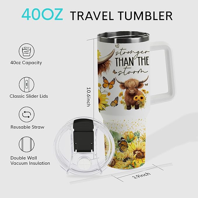 Highland Cow Gifts for Women - Highland Cow Tumbler Cup - Birthday Gifts for Female Farmers & Cowgirls - 40 Oz Tumbler with Handle & Straw - Bloomnest