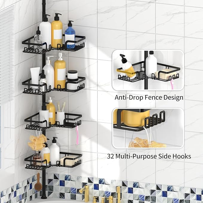 KEGII Adjustable Shower Caddy Corner Tension Pole, Rustproof Shower Rod Organizer with Hooks, Floor to Ceiling Tension Rod 25-114.2 Inch, Bathtub Storage Organizer for Shampoo, 4-Tier Black - Bloomnest