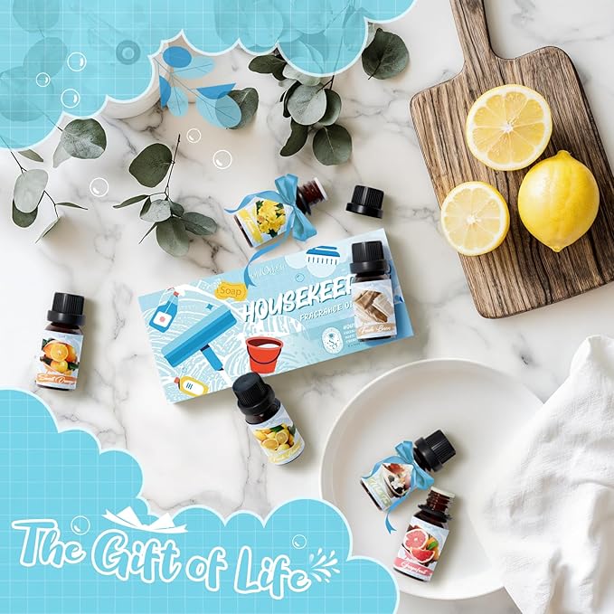 Housekeeping Fragrance Oils Set, Essential Oil Gift Set for Diffuser, Clean Scent Diffuser Oil, Use with Wool Dryer Balls - Lemon, Sweet Orange, White Tea, Fresh Linen, Freesia, Grapefruit - Bloomnest