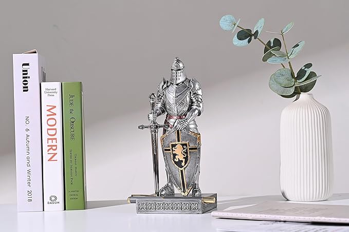 King's Guard Ornament Knight Statue for Desk, Desktop Accessories Pen Holder Pen Stand Paperweight for Office and Home (Silver)