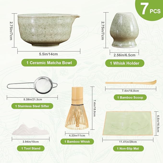 7Pcs Matcha Whisk Set - Matcha Bowl with Spout, Bamboo Whisk (Chasen), Holder, Stainless Sifter, Tea Scoop, Tea Towel, Scoop Rest. Full Japanese Ceremony Matcha Kit, Perfect Gift for Tea Fans (Green) - Bloomnest