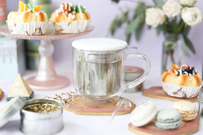 Teabloom Tea-For-One Steeping Mug – Insulated Double Wall Glass Mug (12 oz), Stainless Steel Infuser, Porcelain Lid/Coaster – Great For Brewing Loose Leaf Tea - Bloomnest