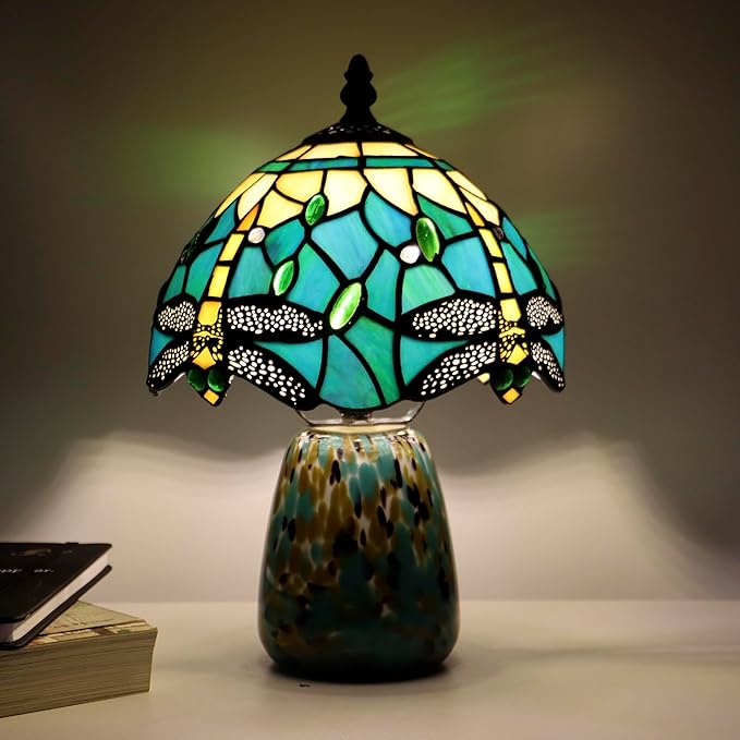 Tiffany Mushroom Table Lamp Dragonfly Style Blue Yellow Stained Glass Accent Lamp Brown Blue Glass Base 8X8X12 Inch - Bloomnest