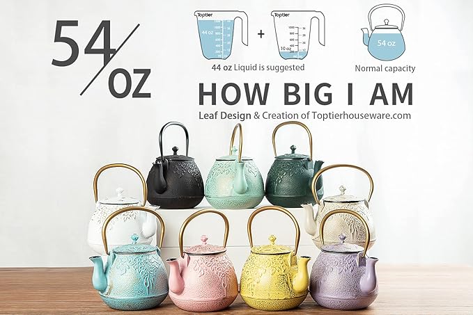 Toptier Tea Kettle for Stove Top, Cast Iron Teapot Stovetop Safe with Infusers for Loose Tea, 54 oz, Light Green - Bloomnest