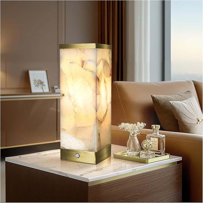 Scenekoy Alabaster Rechargeable Table Lamp for Living Room Bedroom Nightstand, Portable Battery Operated LED Bedside Lamp, Cordless Night Light for Home Office Dorm Desk Decor (Bulb Included) - Bloomnest