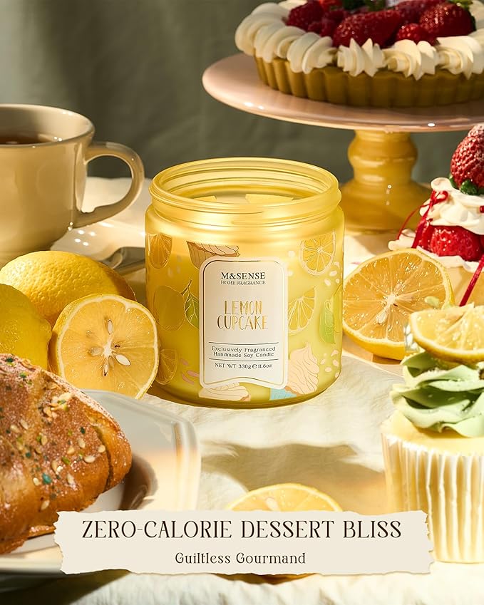 M&SENSE Lemon Vanilla Cupcake Scented Candle, 11.6oz Natural Soy Wax, 70 Hours Long Lasting Clean Burn, Citrus Vanilla Scents for Kitchen Freshness, Holiday Gifts for Women Men, Warm Home Decor - Bloomnest