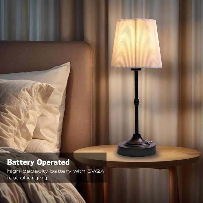 Rechargeable Cordless Table Lamp, Warm Desk Light, Wireless Touch Lamps with Stepless Dimmable Brightness & Fabric Shade for Nightstand Bedside Living Room (Black, Twill) - Bloomnest