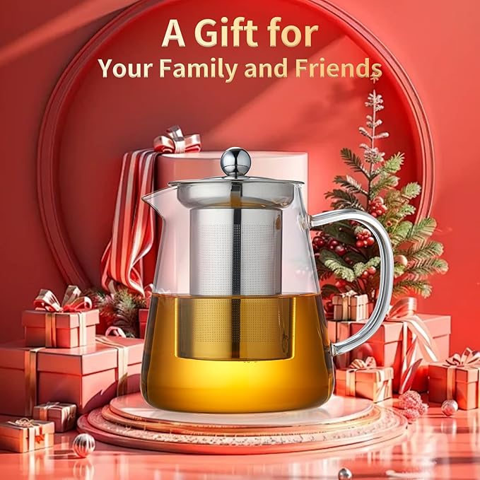 Glass Tea Pot 950ML, Borosilicate Glass Tea Kettle with Detachable Stainless Steel Infuser, Clear Teapot for Loose Leaf Tea, Blooming Tea, Tea bags 32oz - Bloomnest