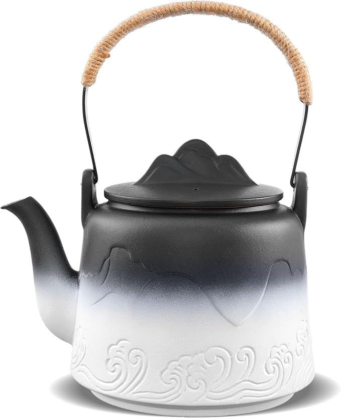 ZENS Vintage Japanese Teapot, 33.8 oz Gradient Embossed Ceramic Loose Leaf Tea Pot with Built-in Filter for Tea Steeper, Hemp Rope Handle Japanese Teapot for Tea Lovers Gifts, Black & White - Bloomnest