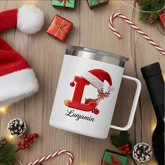 Personalized Christmas Mug | Custom Reindeer Initial Insulated Coffee Cup with Handle & Lid | 12oz Holiday Tumbler, Cute Stocking Stuffer Gift for Kids & Family (B19) - Bloomnest
