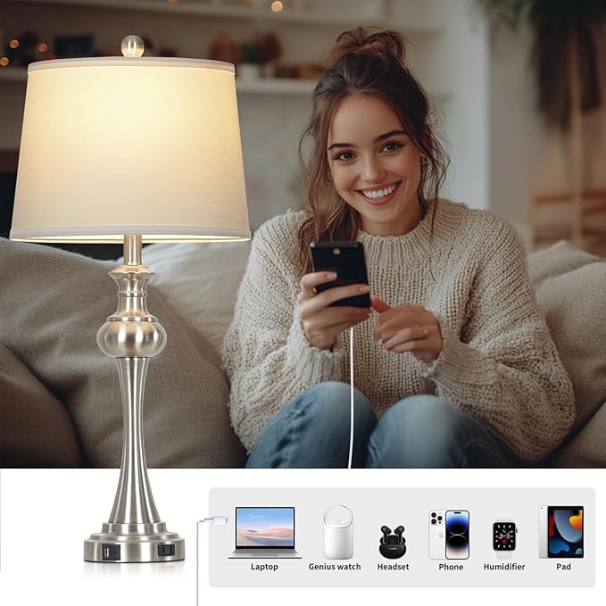 28.75" Silver Table Lamps for Living Room,3 Way Touch Control Table Lamp, Bedside Desk Lamp with Metal Base Modern Nightstand Lamp Simple Side Table Lamp for Bedroom,Office,LED Bulb Included - Bloomnest