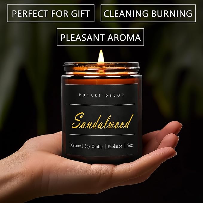 Sandalwood Scented Candles for Home, 9oz Natural Soy Wax Aromatherapy Organic Santal Candle for Stress Relief, Long Burning & Lasting Jar Candle Gifts for Birthday, Housewarmings, Thanksgiving - Bloomnest