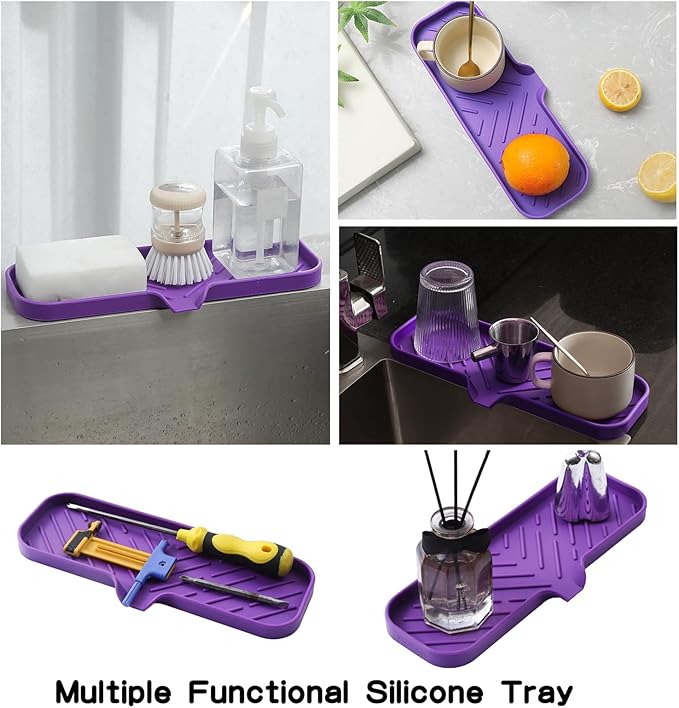 Silicone Bathroom Soap Dishes with Drain Spout-Bathroom and Kitchen Sink Organizer,Sponge Holder,Dish Soap Tray,Perfect for Dispenser,Scrubber,Bottle,Cup on Sink or Counter-Purple 12"×4" - Bloomnest
