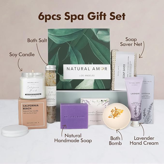 Natural Amor Handmade Spa Gift Set 6 pcs– Includes Citrus Bath Bomb, Lavender Hand Cream, Soap, Bath Salt, Candle – Relaxing Self-Care Kit for Women - Bloomnest