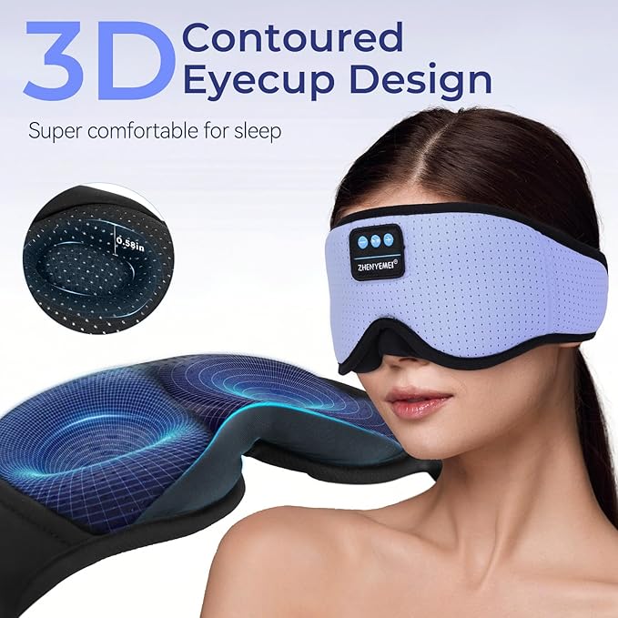 3D Sleep Mask with Bluetooth Headphones, Breathable Cotton Sleeping Headphones for Side Sleepers, Wireless Music Eye Mask with Timer, Gifts for Men Women, Purple - Bloomnest
