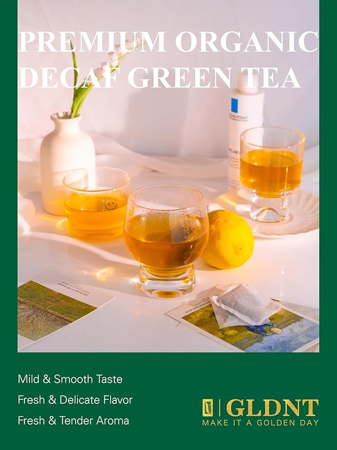 GLDNT Organic Decaf Green Tea Bags, Organic Green Tea Decaffeinated, Smooth Flavor, Super Antioxidant, Iced & Hot Tea, 100 Count - Bloomnest