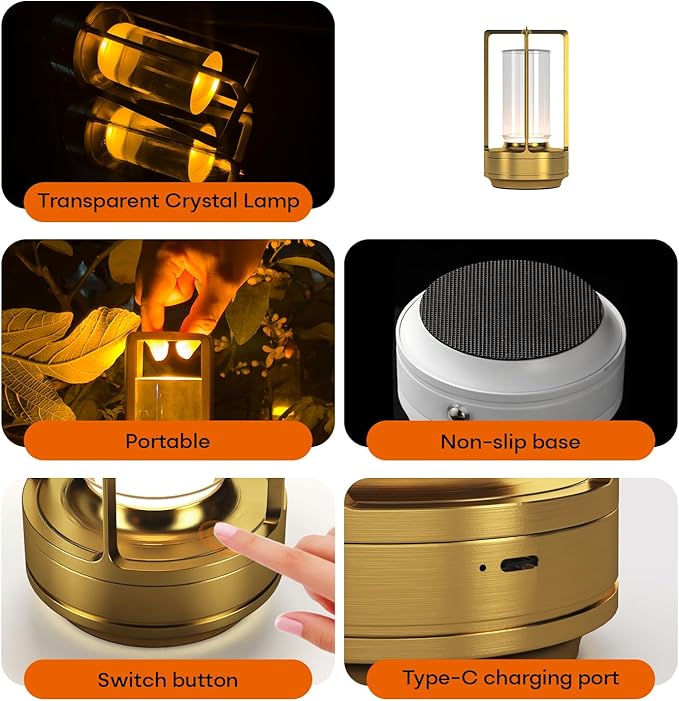 Portable Metal Table Lamp for Indoor/Outdoor ,Rechargeable Cordless LED Lamp, 3-Colour Infinitely Dimming Battery Powered Small Desk Lamp, Restaurant/Bedroom/Bar/Coffee/Camping Light (Gold Set of 2) - Bloomnest