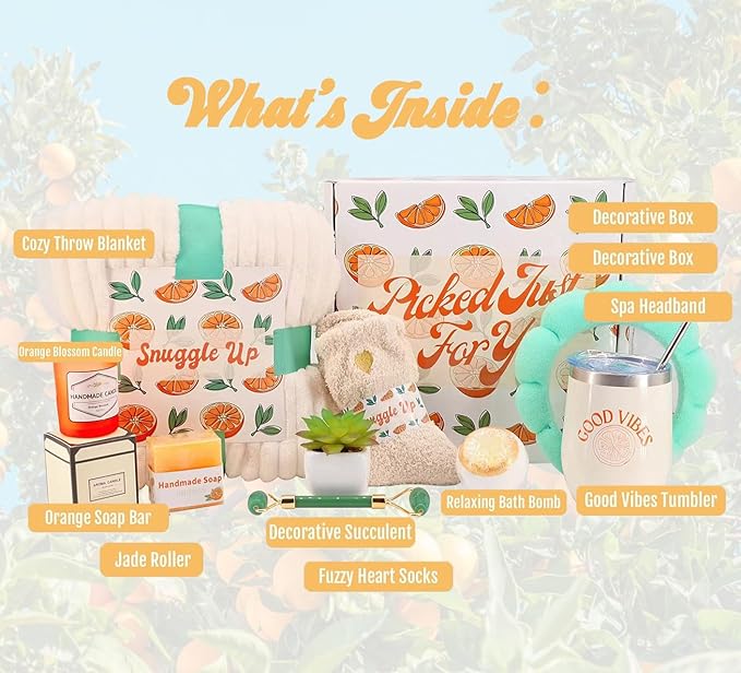 Sunny&Wise Care Package For Women - Designed in USA - Self Care Gifts After Surgery, Get Well Soon, Orange Fruit Themed, Thinking of You, 12 Oz Good Vibes Tumbler - Bloomnest