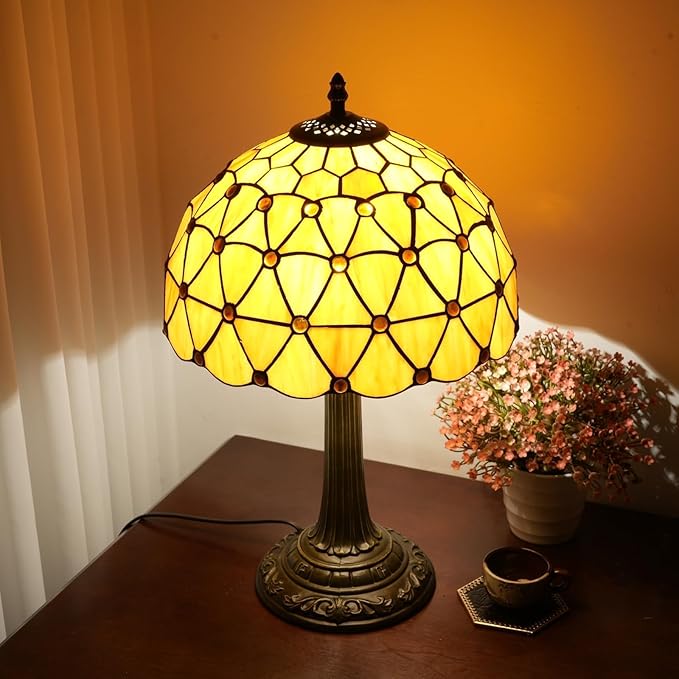 Tiffany Lamp Vintage Bead Orange Table Lamps Bedside for Bedroom Dector Stained Glass Lamps Living Room end Office Kitchen Hotel Bar Farmhouse 12 Inch Aesthetic Nightstand 70s 80s Reading Desk Light - Bloomnest