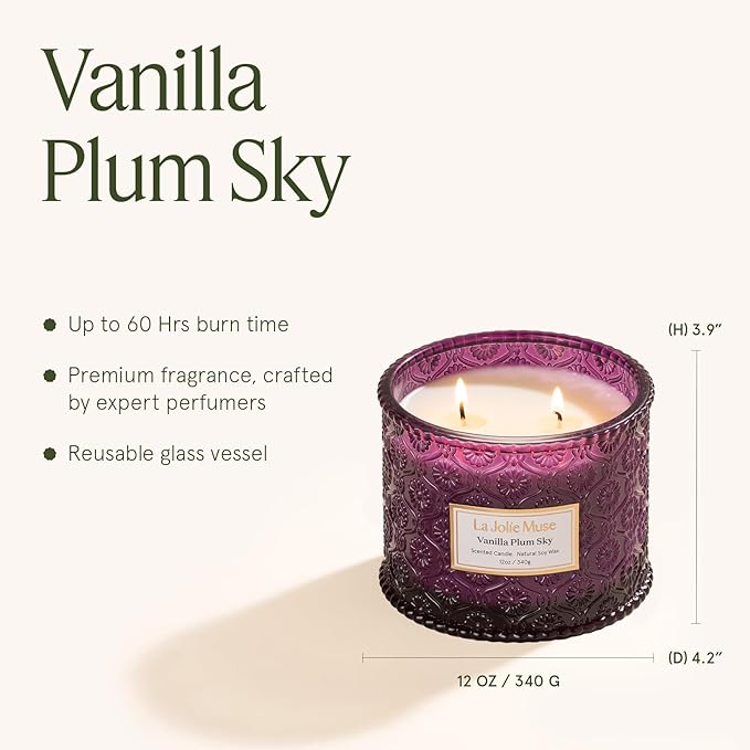 LA JOLIE MUSE Vanilla Plum Sky Candle - Coconut, Vanilla, Plum | 12 oz Large 2-Wick Soy Wax Candle | 60 Hours Clean Burn | Gift-Ready for Hosts & Gatherings | Elegant Home Decor - Bloomnest