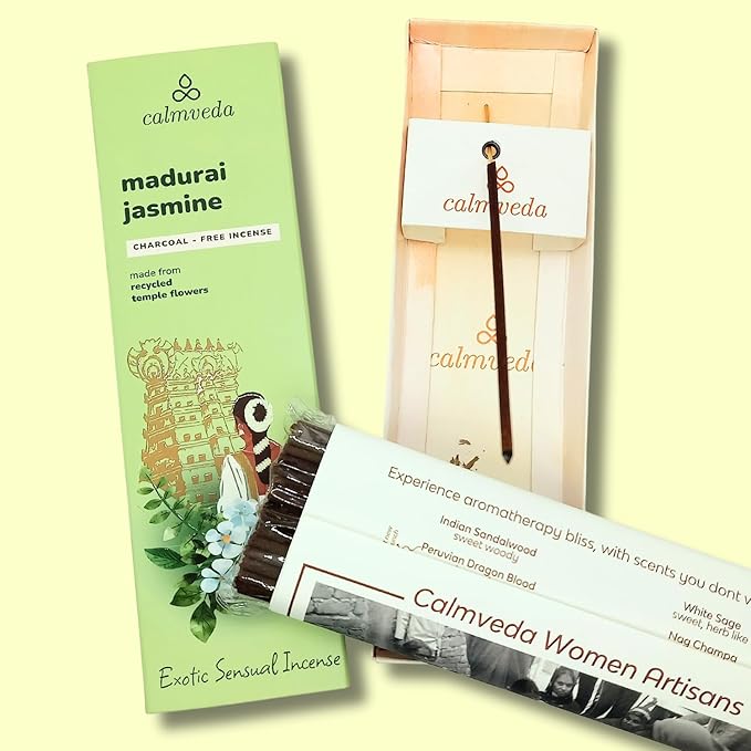 Madurai Jasmine Incense Sticks Exotic - Sensual Aroma (80 Sticks) Charcoal Free Incense, Made from Upcycled Flowers | Rich Decadent from Green, Fruity Yet Creamy Floral | Kama or Love Incense Sticks