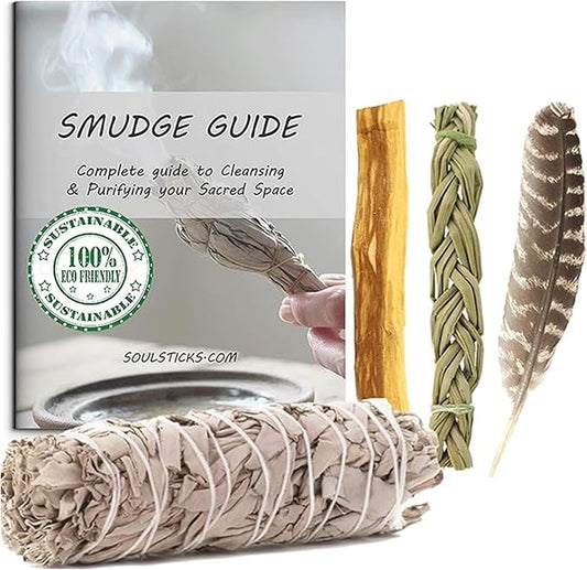 Ancient VEDA Organic Smudge Kit – California White Sage, Palo Santo, Sweetgrass Braid, Feather & Smudge Guide | Home Cleansing Kit for Meditation, Yoga, Energy Healing & Gift (Starter Kit, White Sage)