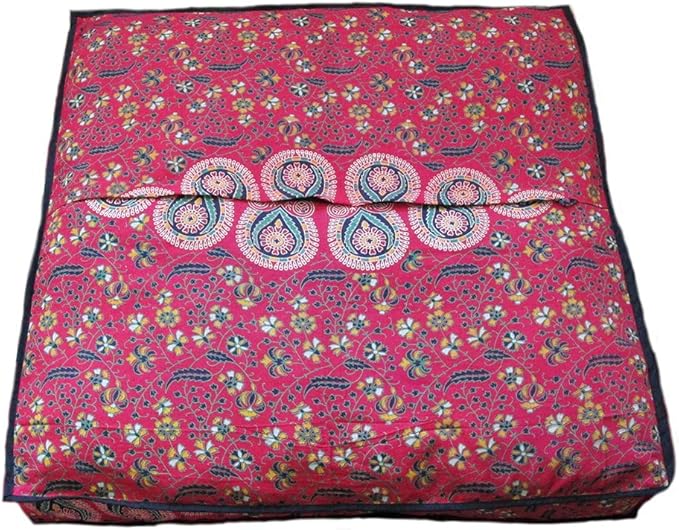 INDIAN CRAFT CASTLE 24" Red Peacock Mandala Barmeri Large Floor Pillow Cover Cushion Meditation Seating Ottoman Throw Cover Hippie Decorative Zipped Bohemian Pouf Ottoman Pom Pom Cases 24" Square - Bloomnest