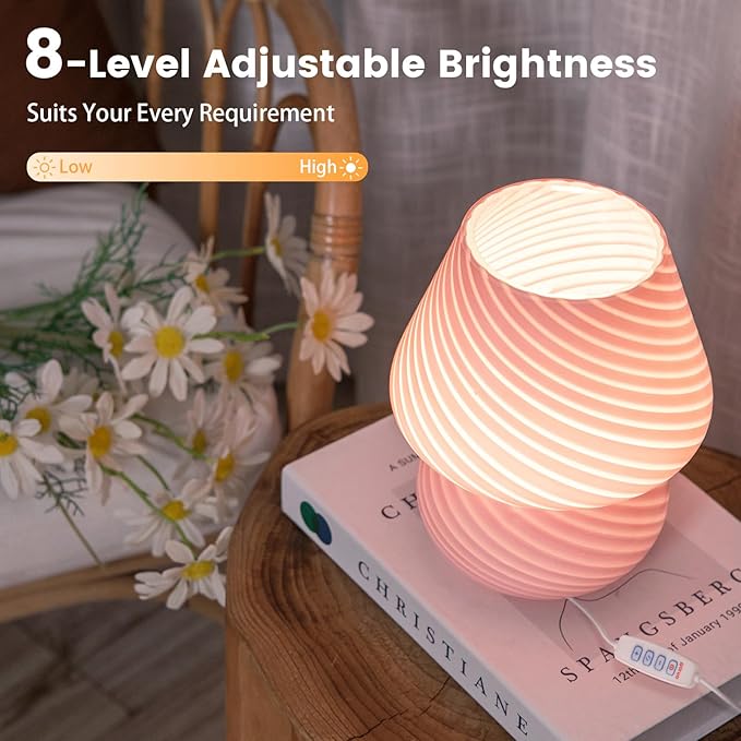 Dorm USB Plug-in Mushroom Lamp Small Bedside Table Lamp with 3 Temperature LED Bulb, Free Dimming Nights Light for Bedroom/Living Room/Entryway/Corner/Table Decor (Stripe Pink) - Bloomnest