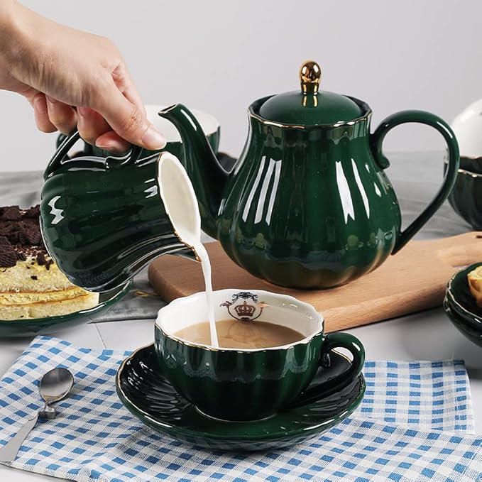 Sweejar Porcelain Tea Sets British Royal Series, 8 OZ Cups& Saucer Service for 6, with Teapot Sugar Bowl Cream Pitcher Teaspoons and Tea Strainer, Suitable for High Tea, Wedding, Party (Jade) - Bloomnest