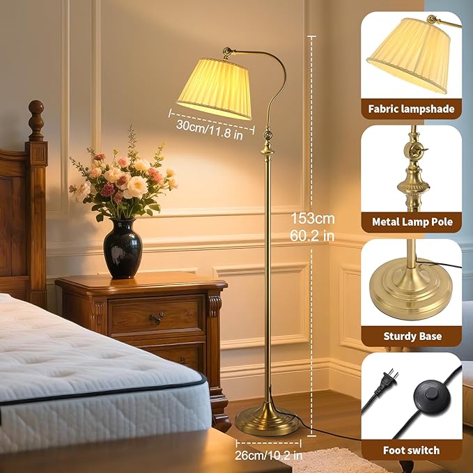 Luxury Gold Floor Lamp with Fabric Shade,Smart Dimmable Standing Light, App-Controlled Adjustable Brightness,3 Color Modes for Bedroom,Study,farmhouse,office,Living Room, Mid Century Modern Boho Decor
