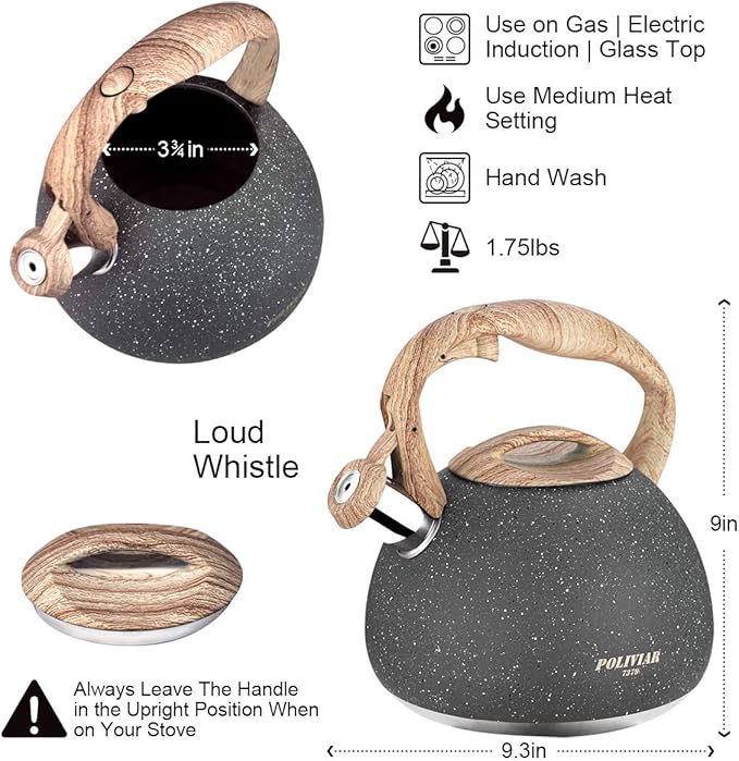 POLIVIAR Tea Kettle, 2.7 Quart Natural Stone Finish with Wood Pattern Handle Loud Whistle Food Grade Stainless Steel Teapot, Anti-Hot Handle and Anti-Rust, Suitable for All Heat Sources (JX2018-GR20) - Bloomnest