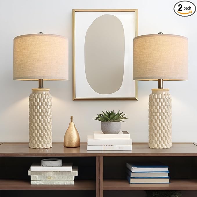 24" Modern Ceramic Bedside Lamp Set of 2 for Bedroom Decor Farmhouse Table Lamp for Living Room Office Dorm - Bloomnest