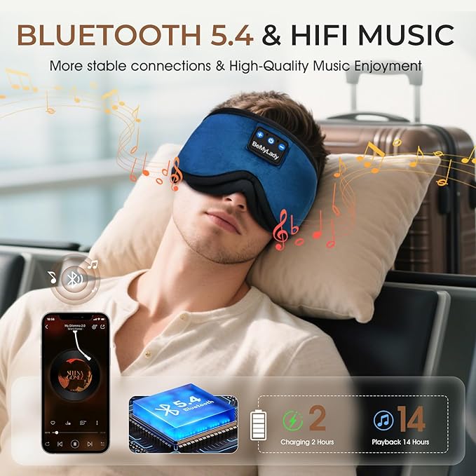 Sleep mask Headphones,100% Blackout 3D Zero Eye Pressure Bluetooth Sleep mask Breathable Eye mask with Bluetooth Headphones Sleep Headphones for Side Sleepers, 14H Playtime&Bluetooth 5.4 Blue - Bloomnest
