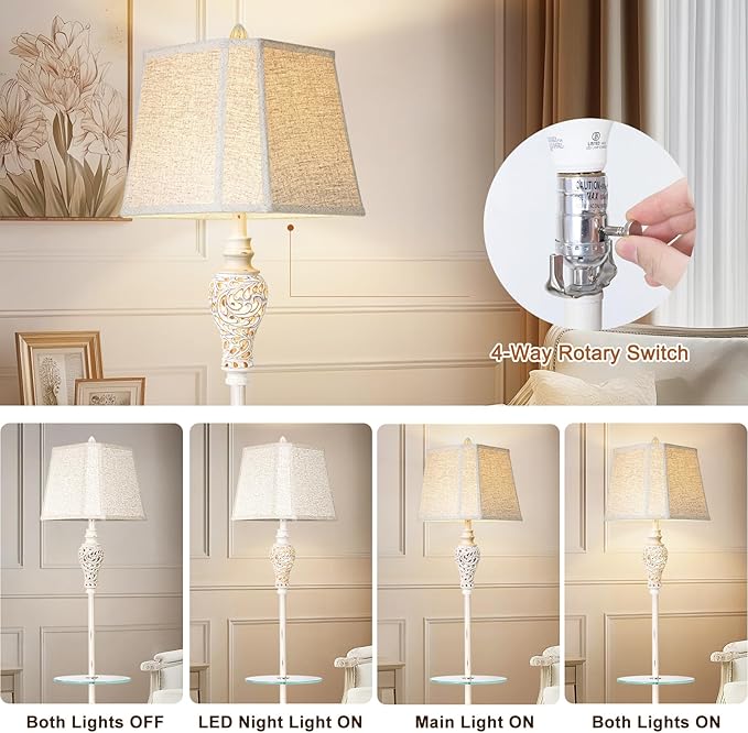Vintage Floor Lamp with Nightlight and Glass Tray, Farmhouse Standing Lamp with White Washed Finish and Linen Shade, 65" Rustic Tall Lamp Decor for Living Room, Bedroom, Office, House (Bulb Included) - Bloomnest