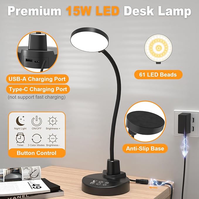 15W LED Desk Lamp with USB Charging Ports – Dimmable Table Lamp with 3 Color Temps, 5 Brightness, 4 Timers, Flexible Gooseneck Light with Base, Eye-Caring Reading Light for Home Office, Bedroom, Study - Bloomnest