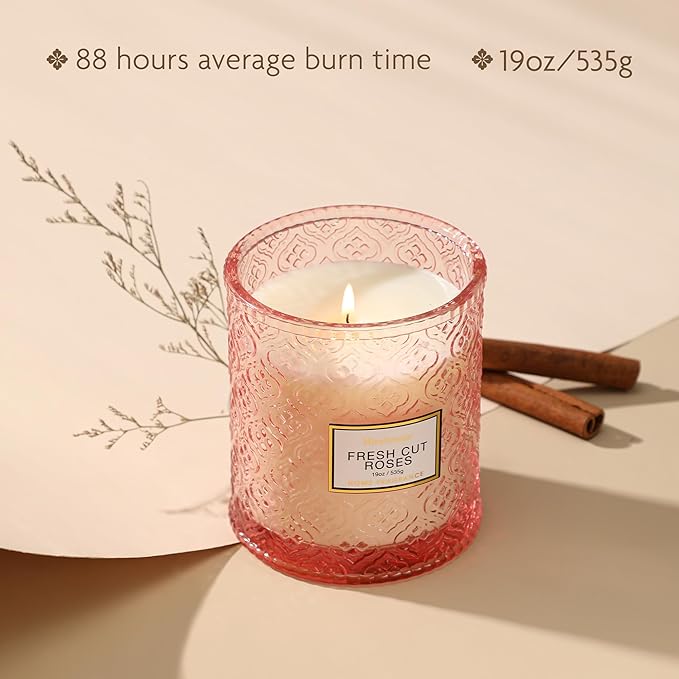 Rose Scented Candles, 88 Hours Burning Time, Pink Decorative Glass Candle, Christmas Candles Gifts for Women, Natural Soy Wax for Home Fragrance, 19oz - Bloomnest