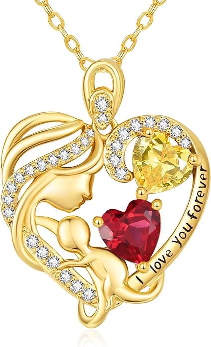 14K Gold Double Birthstone Heart Necklace for Women Mom, Mother Son/Daughter Pendant Necklace for Christmas Mother's Day Birthday Gifts for Wife Daughter Grandmom - Bloomnest