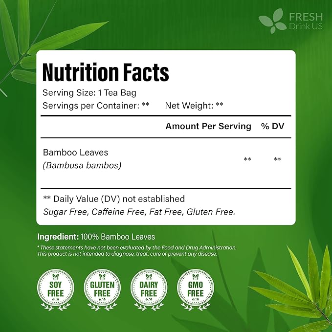 FreshDrinkUS, Premium Bamboo Leaf Tea Bags | 75 Count | Naturally Light & Refreshing Caffeine-Free Herbal Tea – From 100% Natural Bamboo Leaves. Sugar-Free. Vegan - Bloomnest