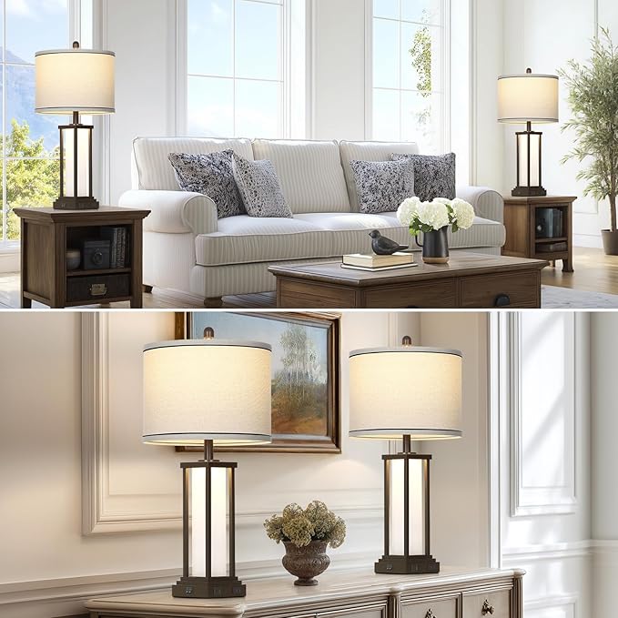 27in Tall Farmhouse Table Lamp Set of 2 with USB C+A & Outlet,Brown Industrial End Table Lamp for Living Room,Vintage Rustic Bedside Lamps with Night Light for Bedroom Nightstand,Brown - Bloomnest