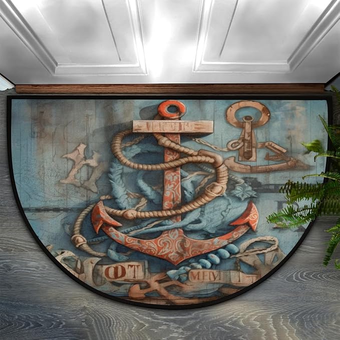 Half Round Door Mat, Nautical Anchor Non-Slip Half Circle Area Rug Wooden Anchor Doormat Washable Durable Home Decor Half Moon Rug for Floor Indoor Outdoor Living Room Bedroom Kitchen Patio - Bloomnest