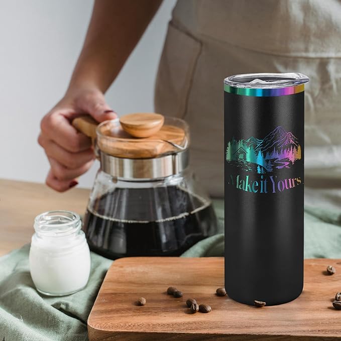 YOUKE OLA 8 Pack Rainbow Plated Stainless Steel Tumbler Straight Double Wall Powder Coated for Laser Engrave, 20oz Black To Iridescent - Bloomnest