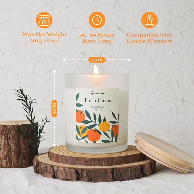 Fresh Citrus Scented Candle, 11oz 60 Hour Burn, Natural Soy Wax with Thick Cotton Wick, Highly Scented Aromatherapy Candle for Stress Relief & Meditation, Gifts for Women & Men - Bloomnest