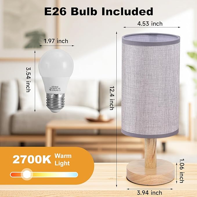 Gray Small Bedside Table Lamp for Bedroom,Natural Round Wood Base&Fabric Linen Shade,Cozy Night Table Light for Study Reading,Minimalist Boho Desk Lamp for Nightstand,Living Room,Nursery,Kitchen,Dorm - Bloomnest