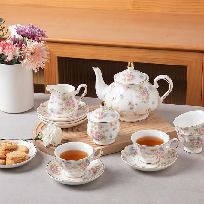 Sweejar Ceramic Teapot with Infuser, Floral Relief Gold Rimmed Teapot, 29 OZ Porcelain Tea Pot for Blooming and Loose Tea, Coffee...(Small Flower) - Bloomnest