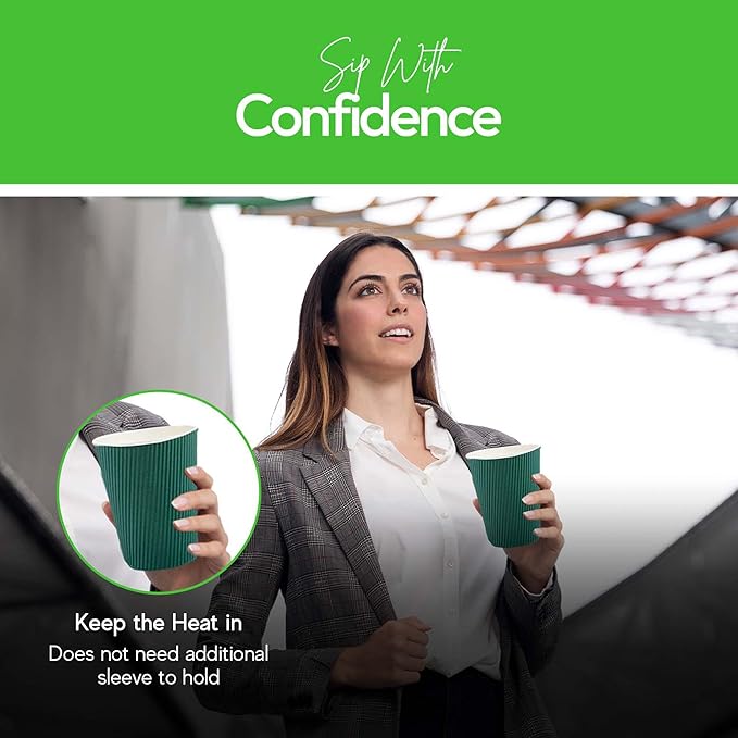 Restaurantware-12 Ounce Disposable Coffee Cups, 500 Ripple Wall Hot Cups For Coffee - Lids Sold Separately, Rolled Rim, Forest Green Paper Insulated Coffee Cups, For Hot Coffee, Tea, And More - Bloomnest