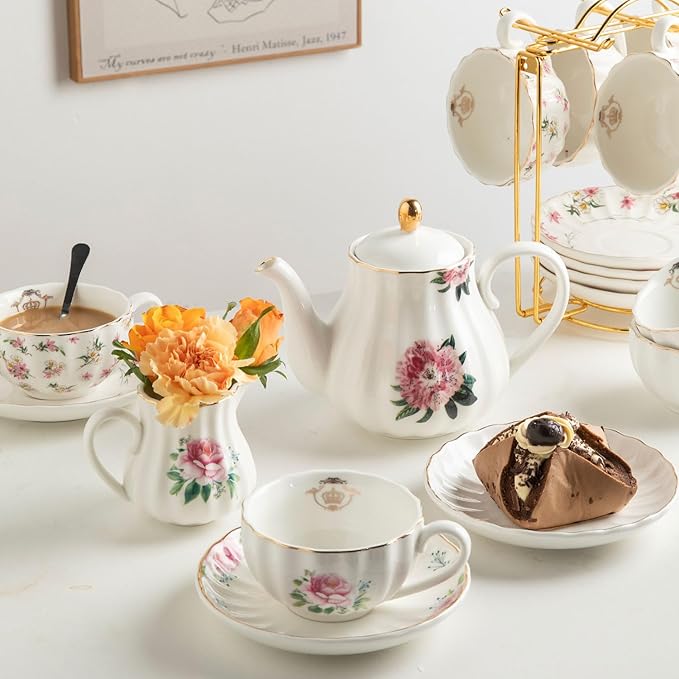 Porcelain Tea Sets British Royal Series, 8 OZ Cups & Saucer Service for 6, with Teapot Sugar Bowl Cream Pitcher Teaspoons and Tea Strainer, Suitable for High Tea, Wedding, Party - Bloomnest
