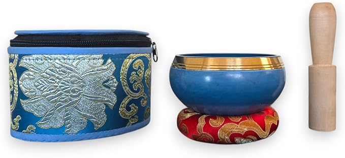 4” Tibetan Singing Bowl Set – Includes Handmade Cushion, Wooden Mallet & Hand-Stitched Case – Chakra Healing, Meditation Sound Bowl – Made in Nepal (Blue) - Bloomnest